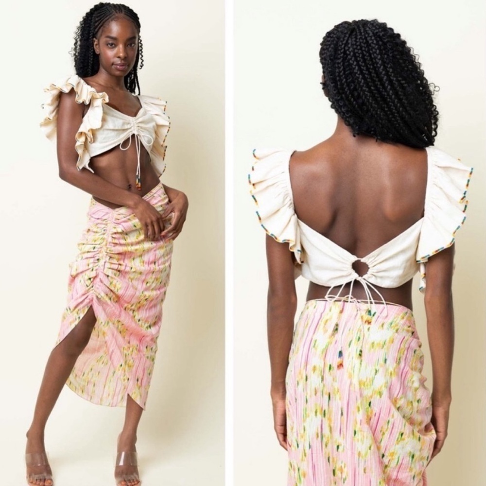 New La Fuori Paula linen cotton cropped beaded tassel tie back top
